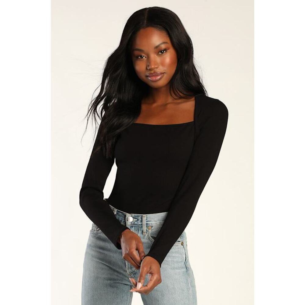 Lulus Trendy 'til The End Black Ribbed Long Sleeve Bodysuit - Size L